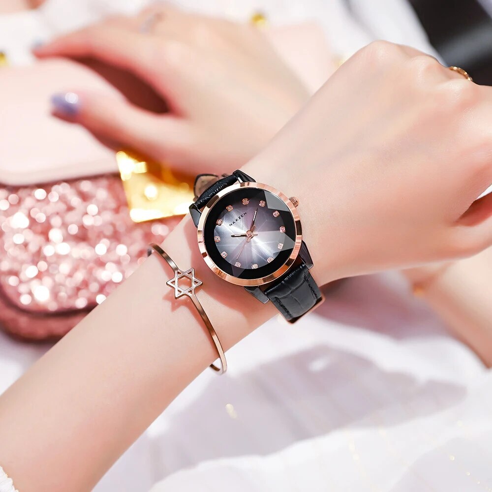 NAKZEN | Montre Femme Céramique Noire | Cuir & Quartz | Luxe