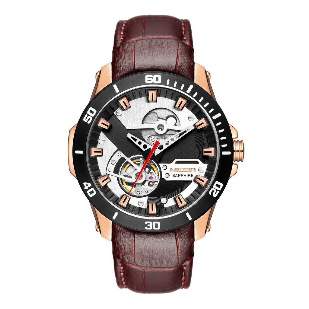 MEGIR | Montre Homme Mécanique | Cuir & Saphir | Étanche 50M