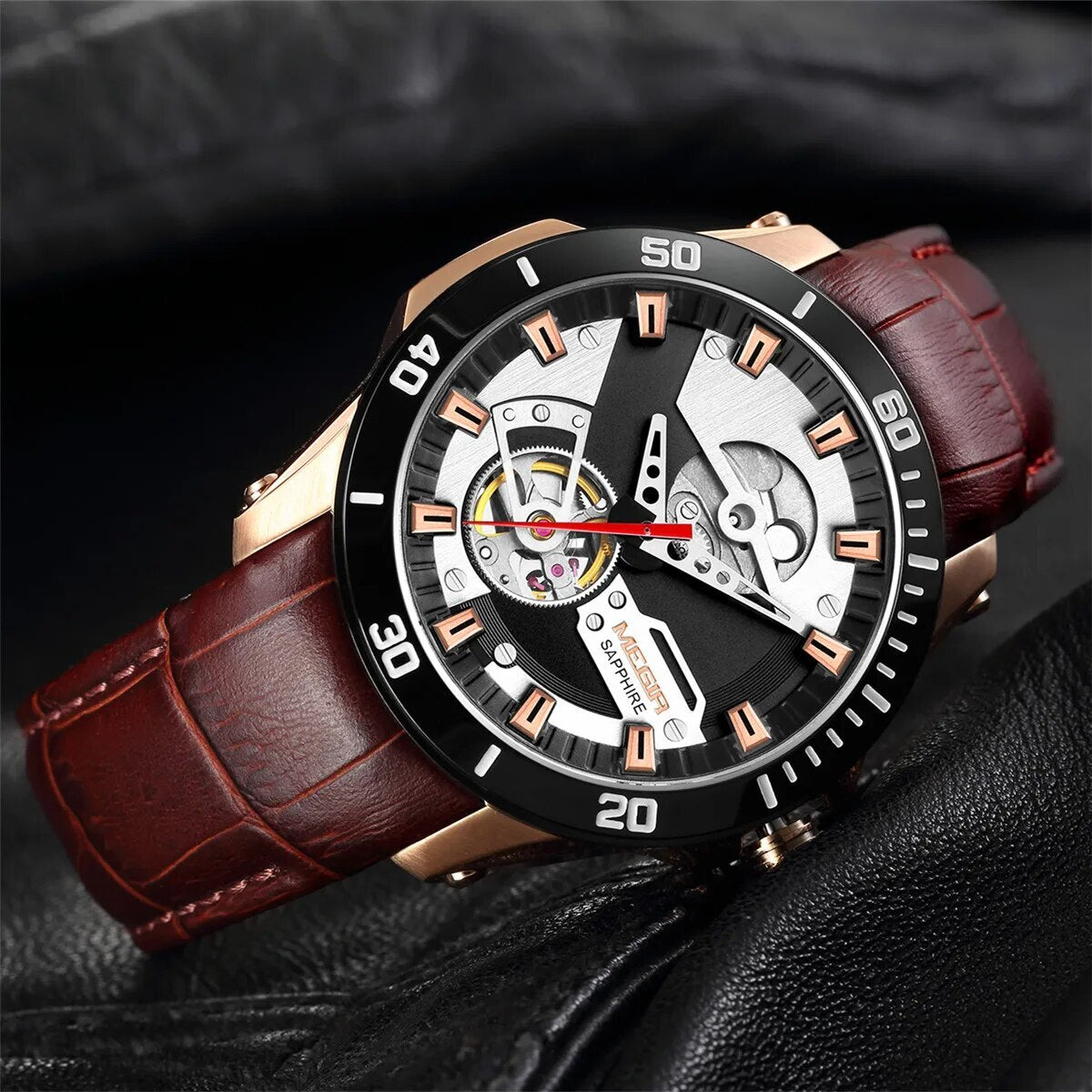 MEGIR | Montre Homme Mécanique | Cuir & Saphir | Étanche 50M