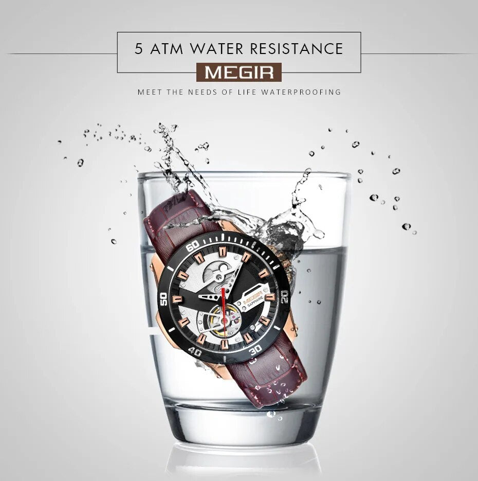 MEGIR | Montre Homme Mécanique | Cuir & Saphir | Étanche 50M