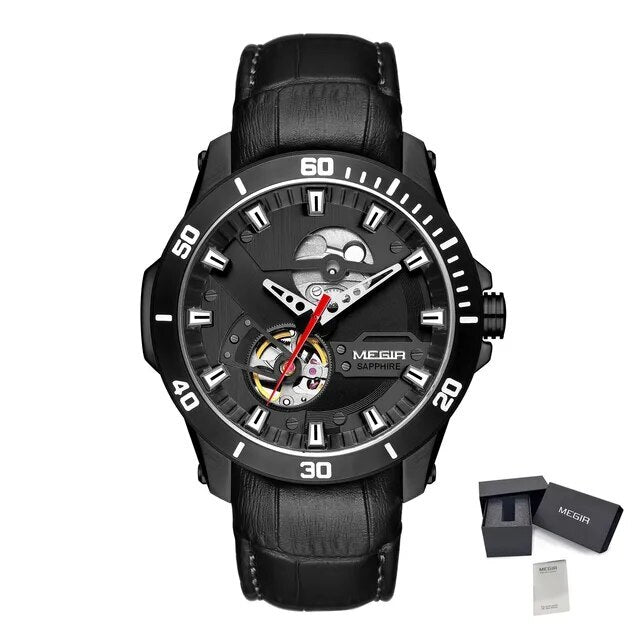 MEGIR | Montre Homme Mécanique | Cuir & Saphir | Étanche 50M