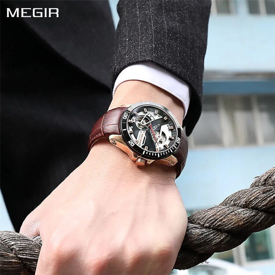 MEGIR | Montre Homme Mécanique | Cuir & Saphir | Étanche 50M