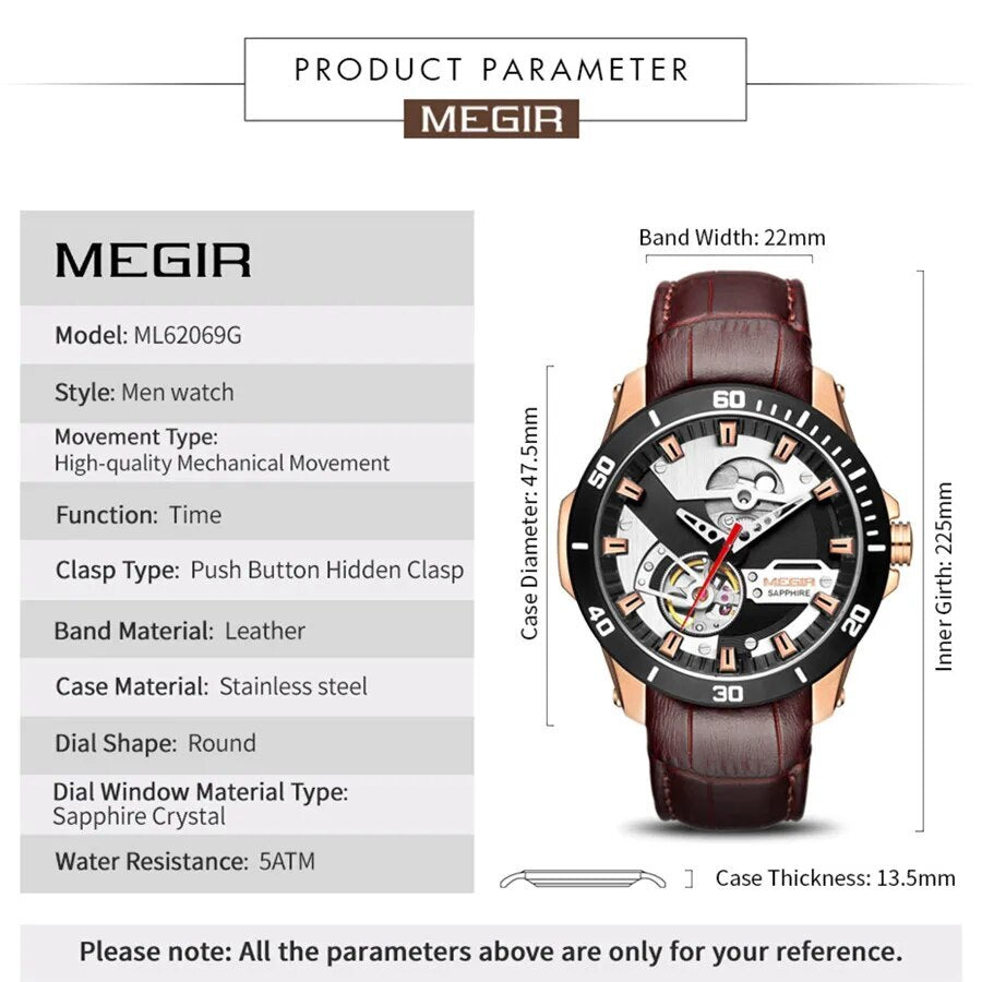 MEGIR | Montre Homme Mécanique | Cuir & Saphir | Étanche 50M