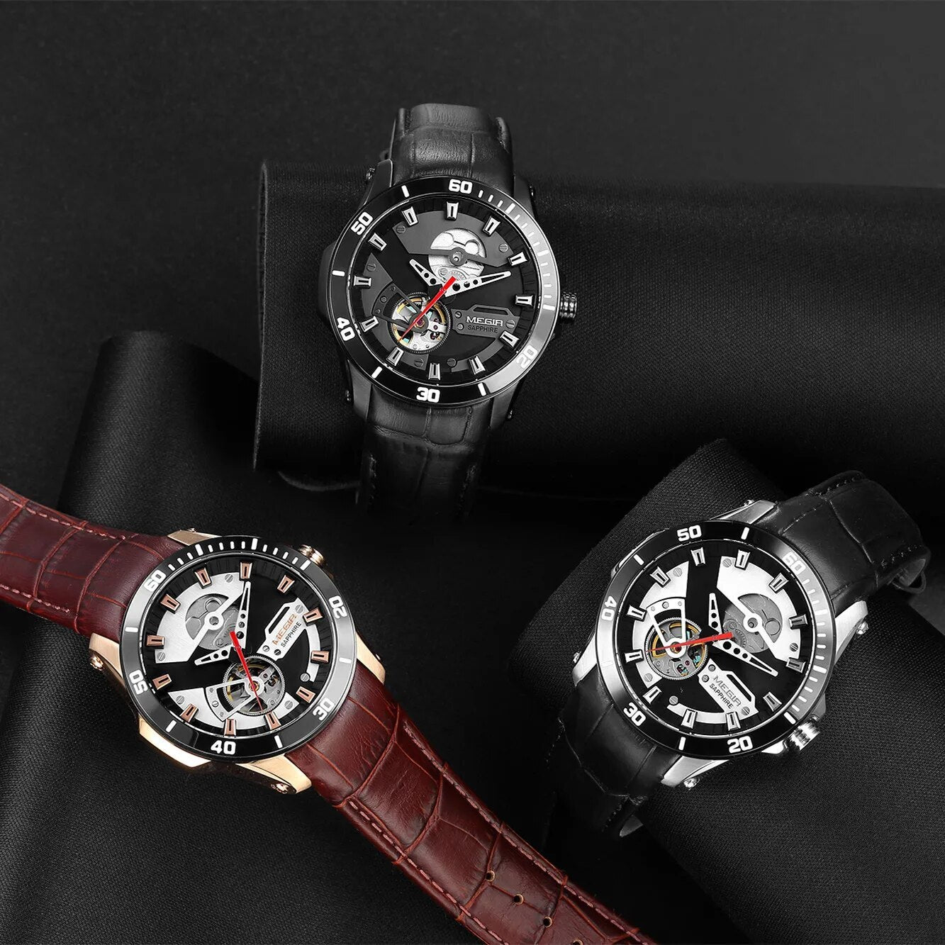 MEGIR | Montre Homme Mécanique | Cuir & Saphir | Étanche 50M
