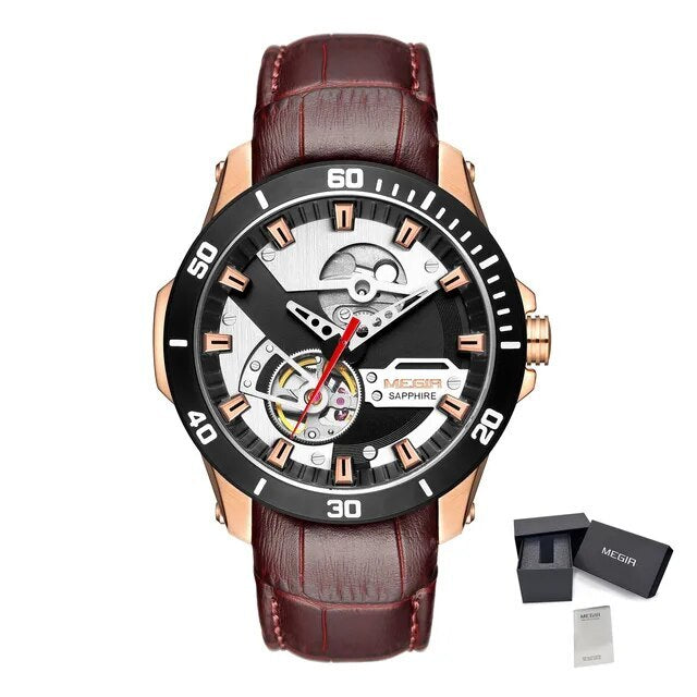 MEGIR | Montre Homme Mécanique | Cuir & Saphir | Étanche 50M
