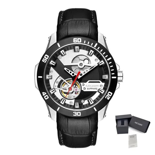 MEGIR | Montre Homme Mécanique | Cuir & Saphir | Étanche 50M