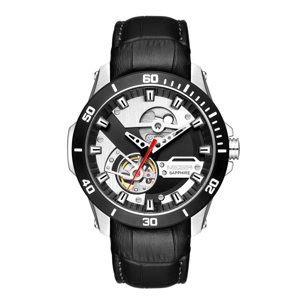MEGIR | Montre Homme Mécanique | Cuir & Saphir | Étanche 50M