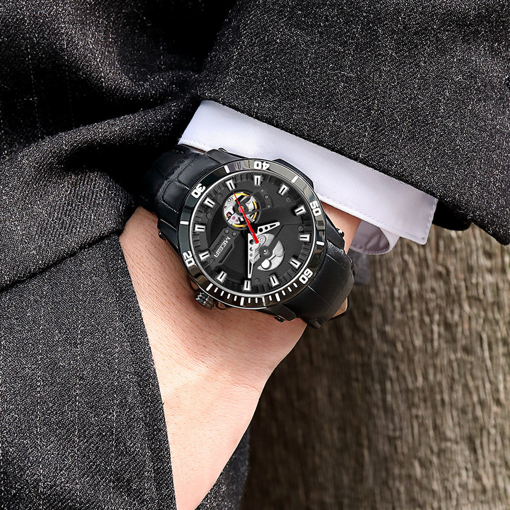 MEGIR | Montre Homme Mécanique | Cuir & Saphir | Étanche 50M