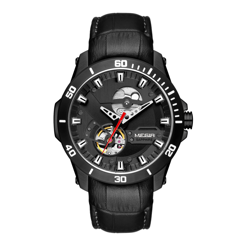 MEGIR | Montre Homme Mécanique | Cuir & Saphir | Étanche 50M