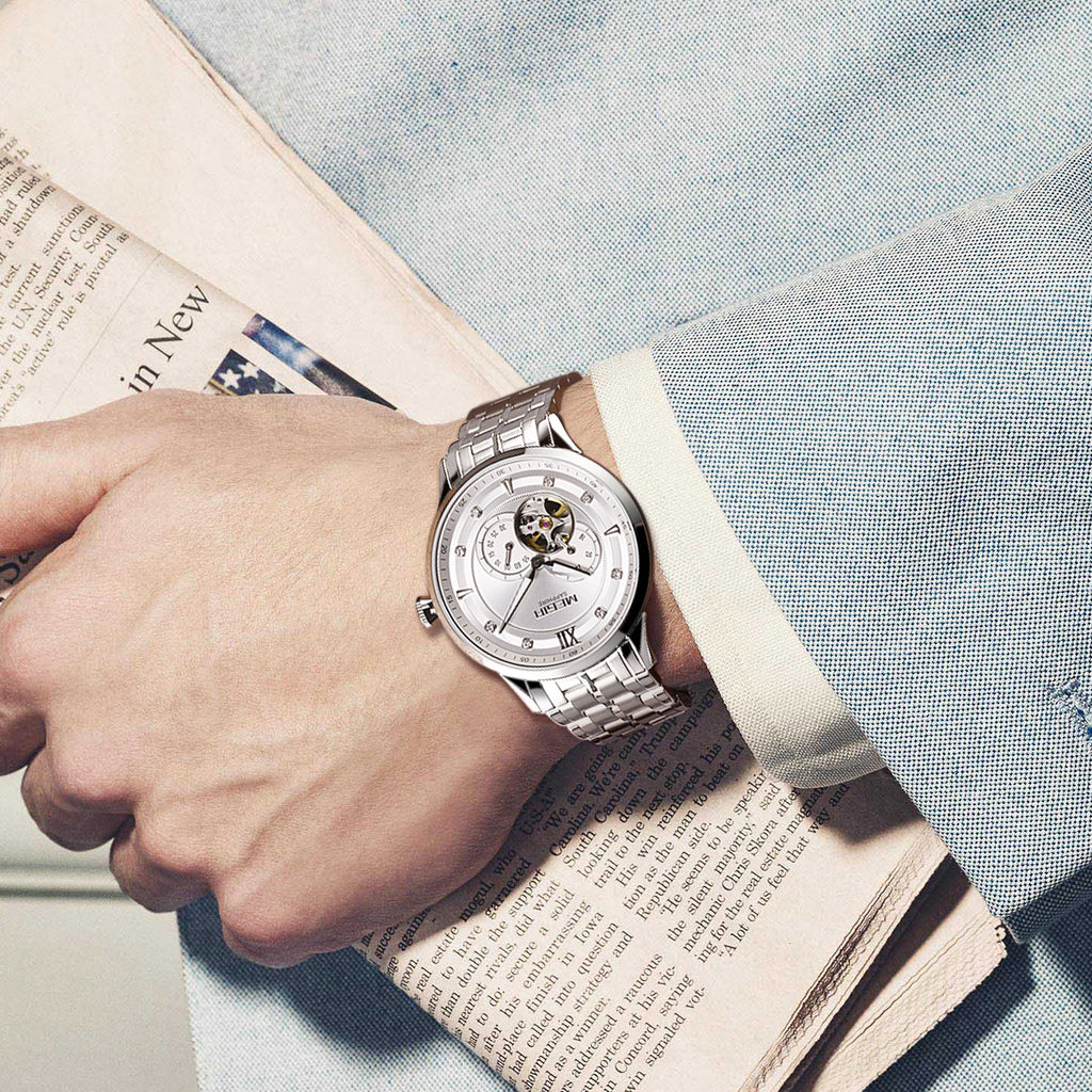 MEGIR | Montre Homme Automatique | Acier & Saphir | Étanche 50M