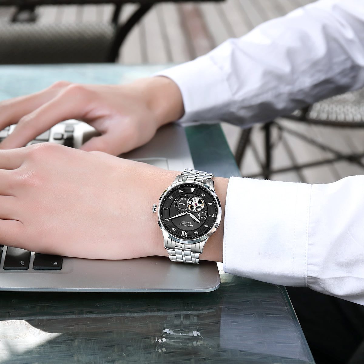 MEGIR | Montre Homme Automatique | Acier & Saphir | Étanche 50M
