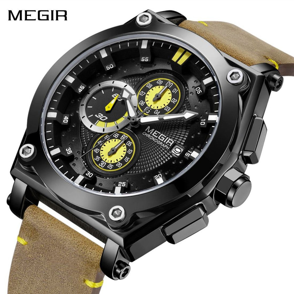 MEGIR | Montre Homme Quartz | Cuir & Chronographe | Sport