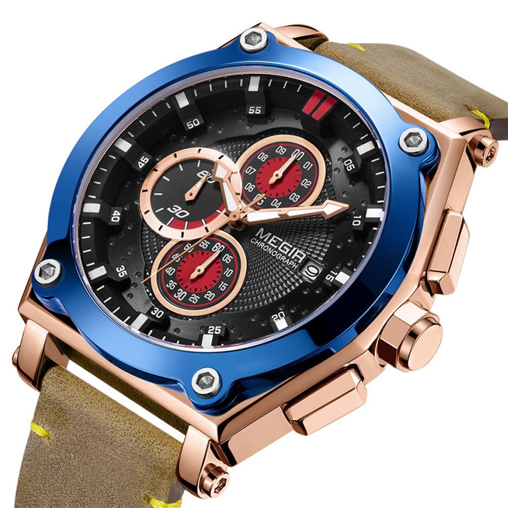 MEGIR | Montre Homme Quartz | Cuir & Chronographe | Sport