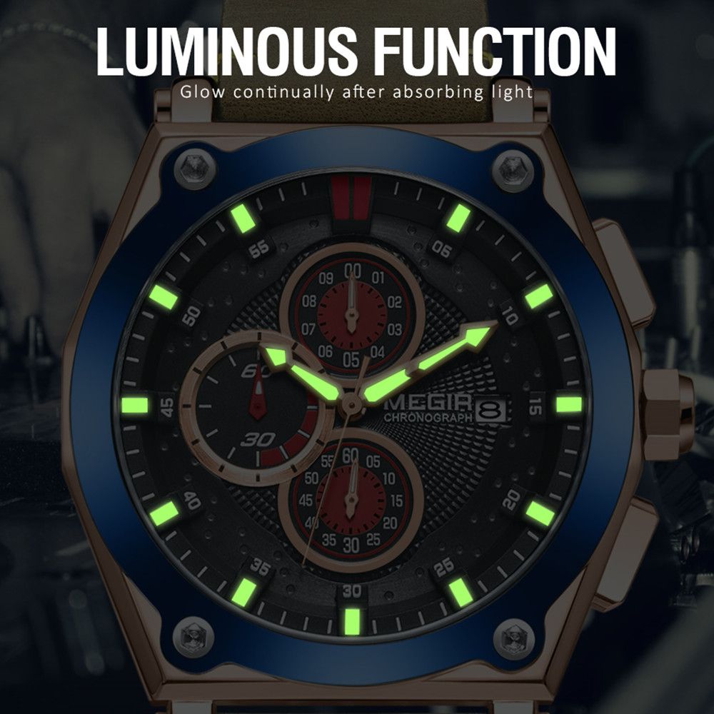 MEGIR | Montre Homme Quartz | Cuir & Chronographe | Sport