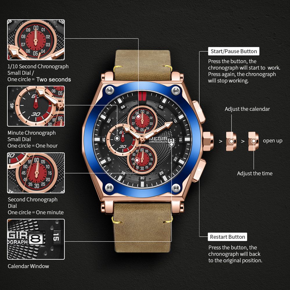 MEGIR | Montre Homme Quartz | Cuir & Chronographe | Sport