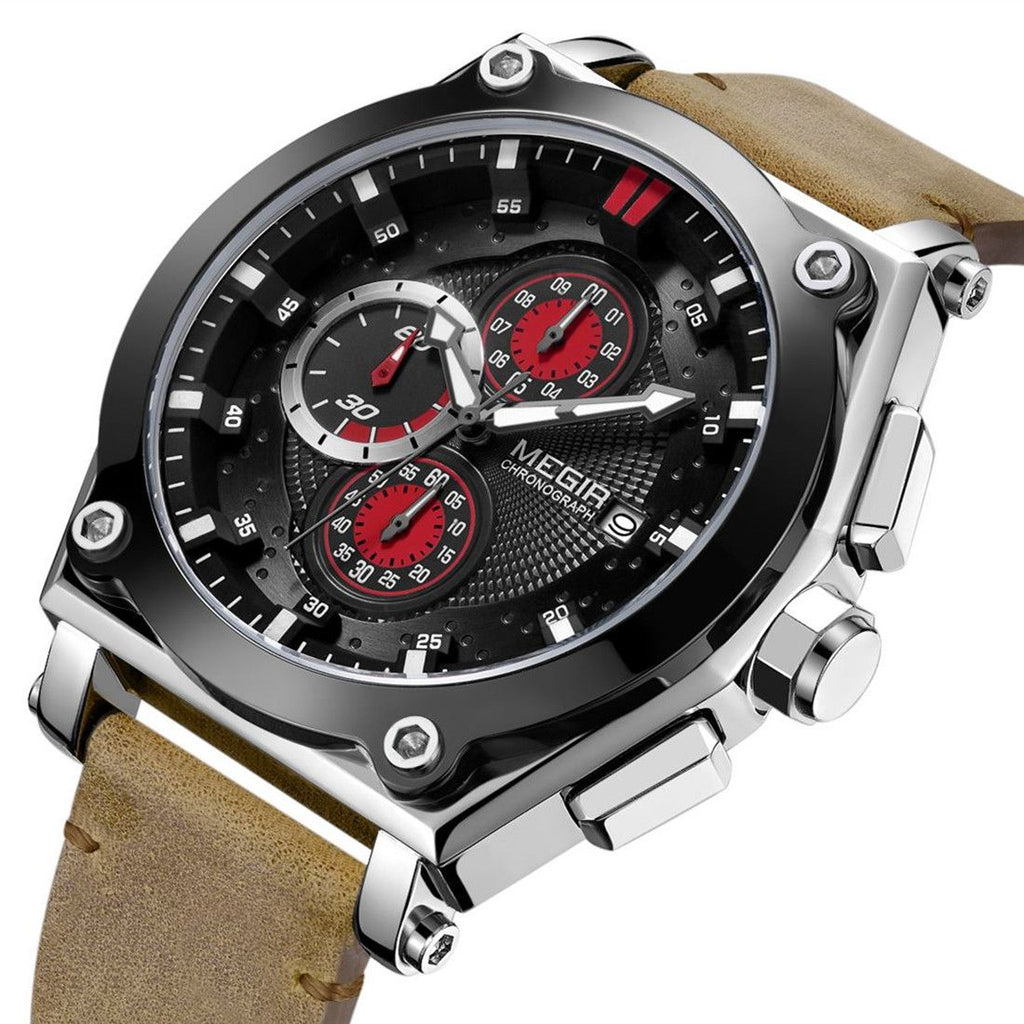 MEGIR | Montre Homme Quartz | Cuir & Chronographe | Sport