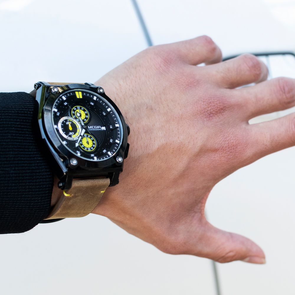 MEGIR | Montre Homme Quartz | Cuir & Chronographe | Sport