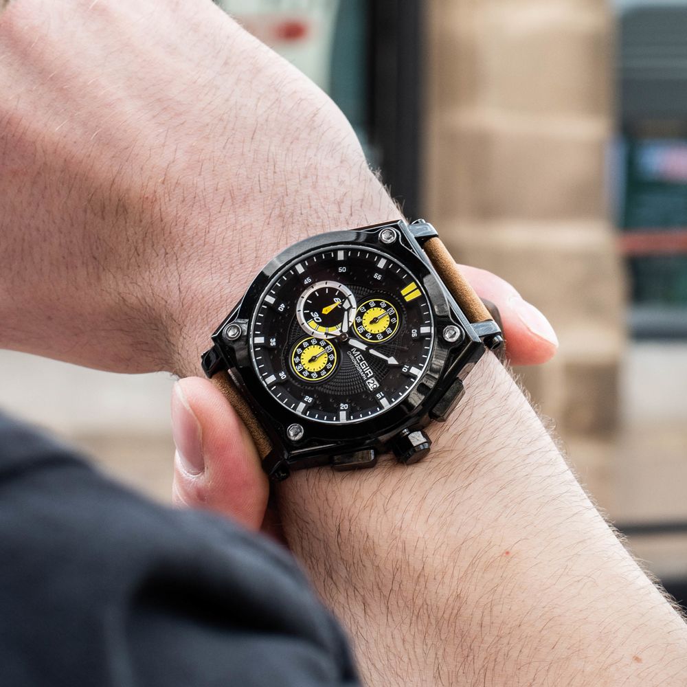 MEGIR | Montre Homme Quartz | Cuir & Chronographe | Sport