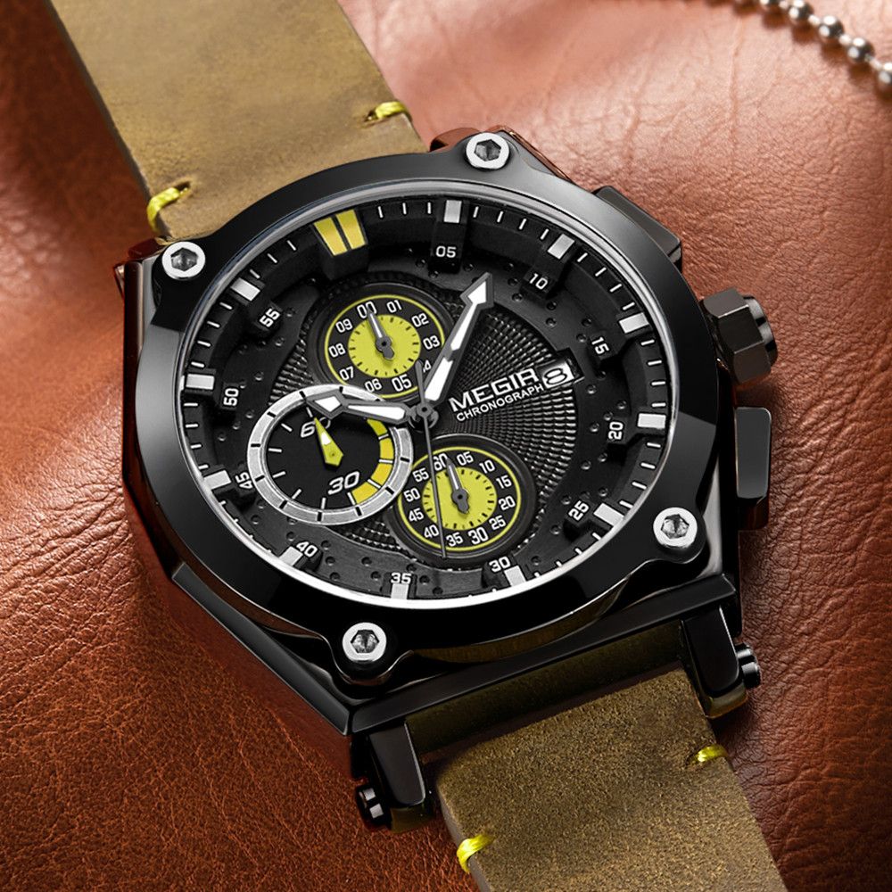 MEGIR | Montre Homme Quartz | Cuir & Chronographe | Sport