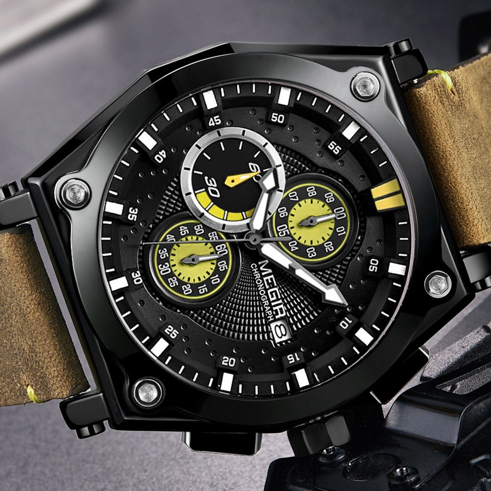 MEGIR | Montre Homme Quartz | Cuir & Chronographe | Sport