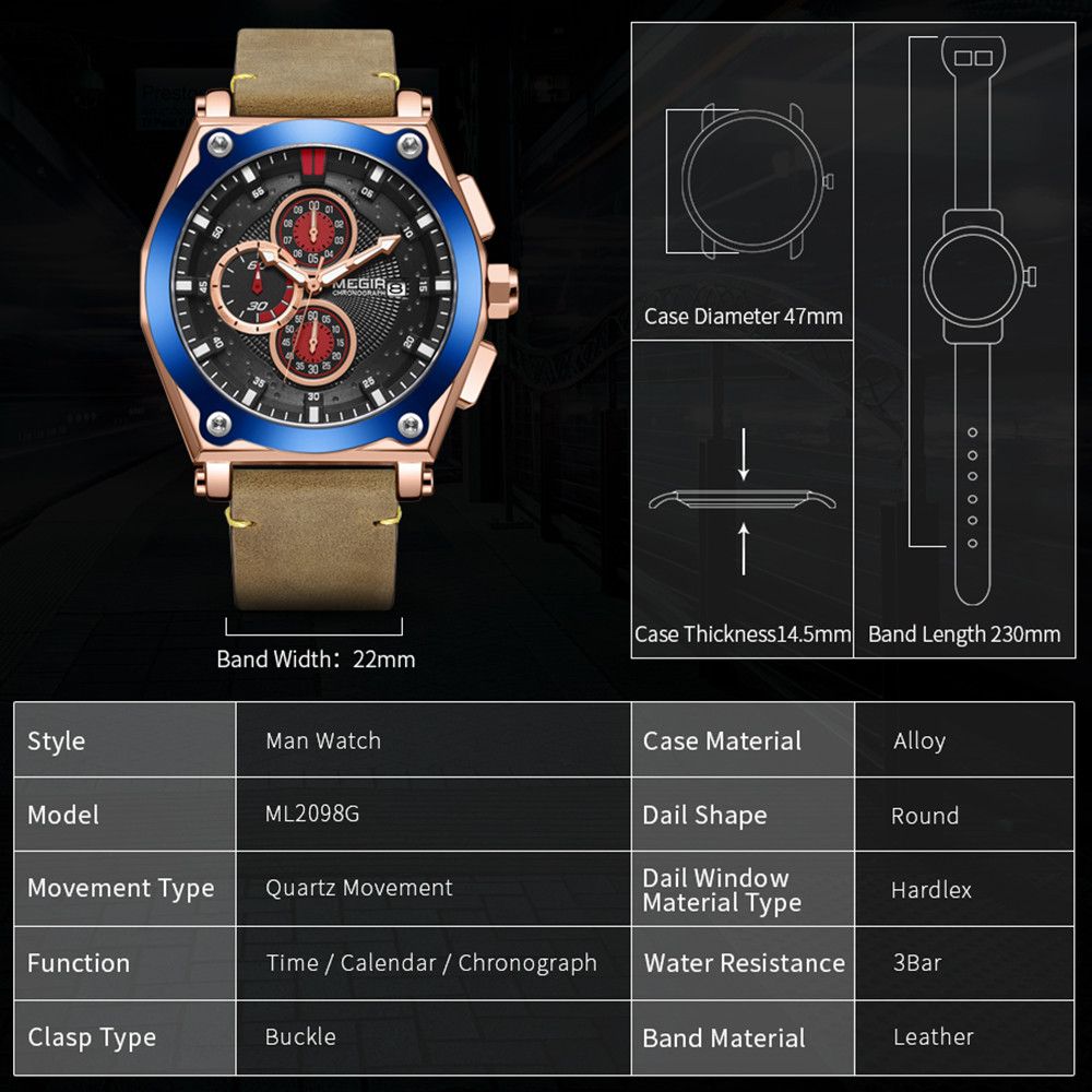 MEGIR | Montre Homme Quartz | Cuir & Chronographe | Sport