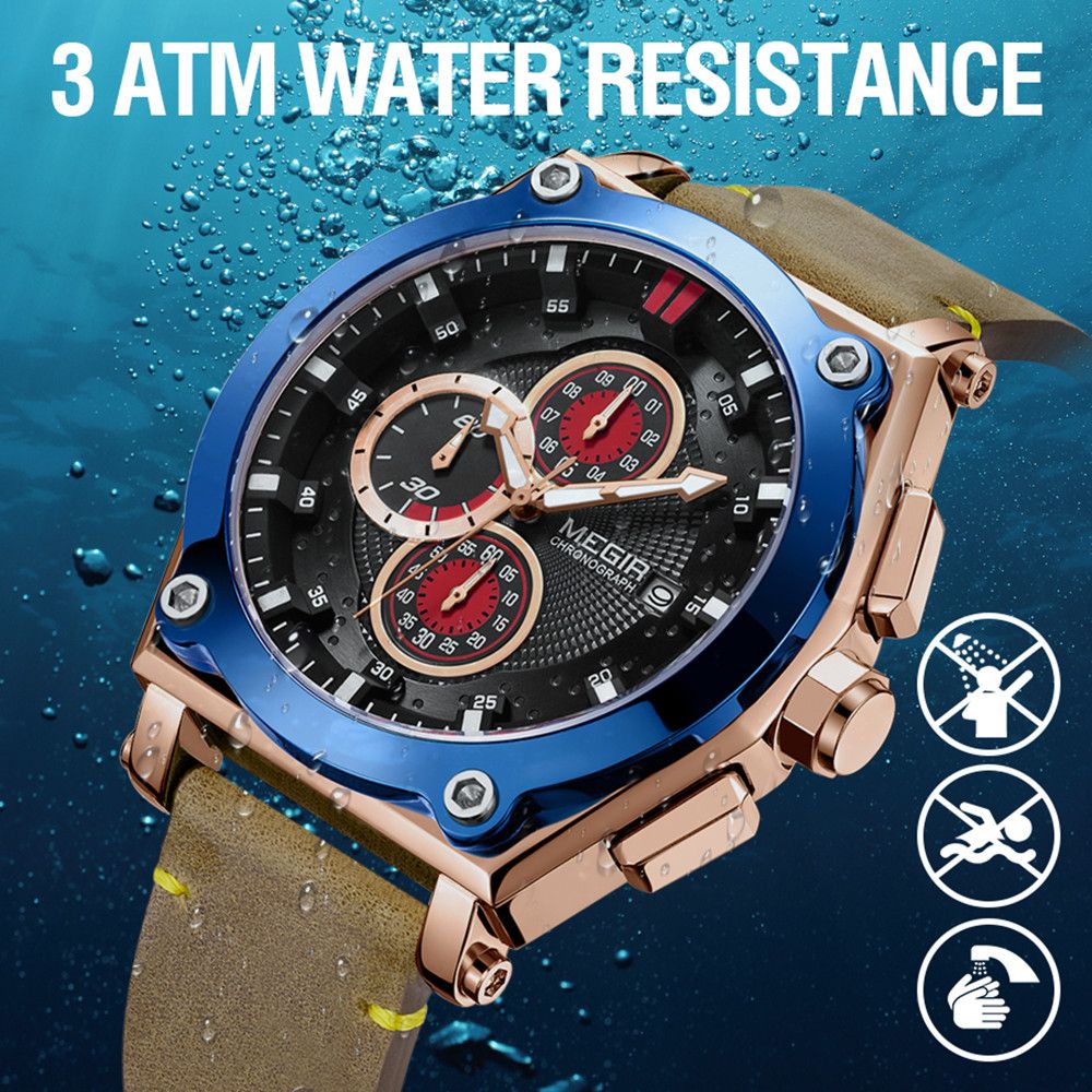 MEGIR | Montre Homme Quartz | Cuir & Chronographe | Sport